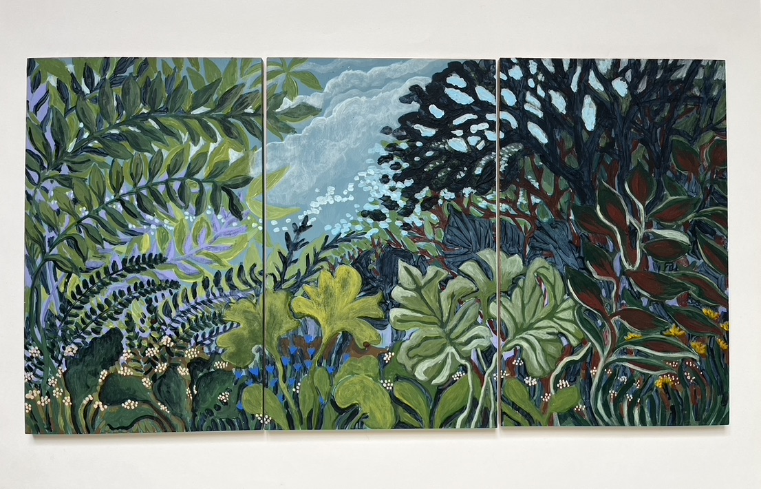 Triptyque Nature vert et bleu
peinture acrylique sur bois
format 57 cm par 30,5cm 