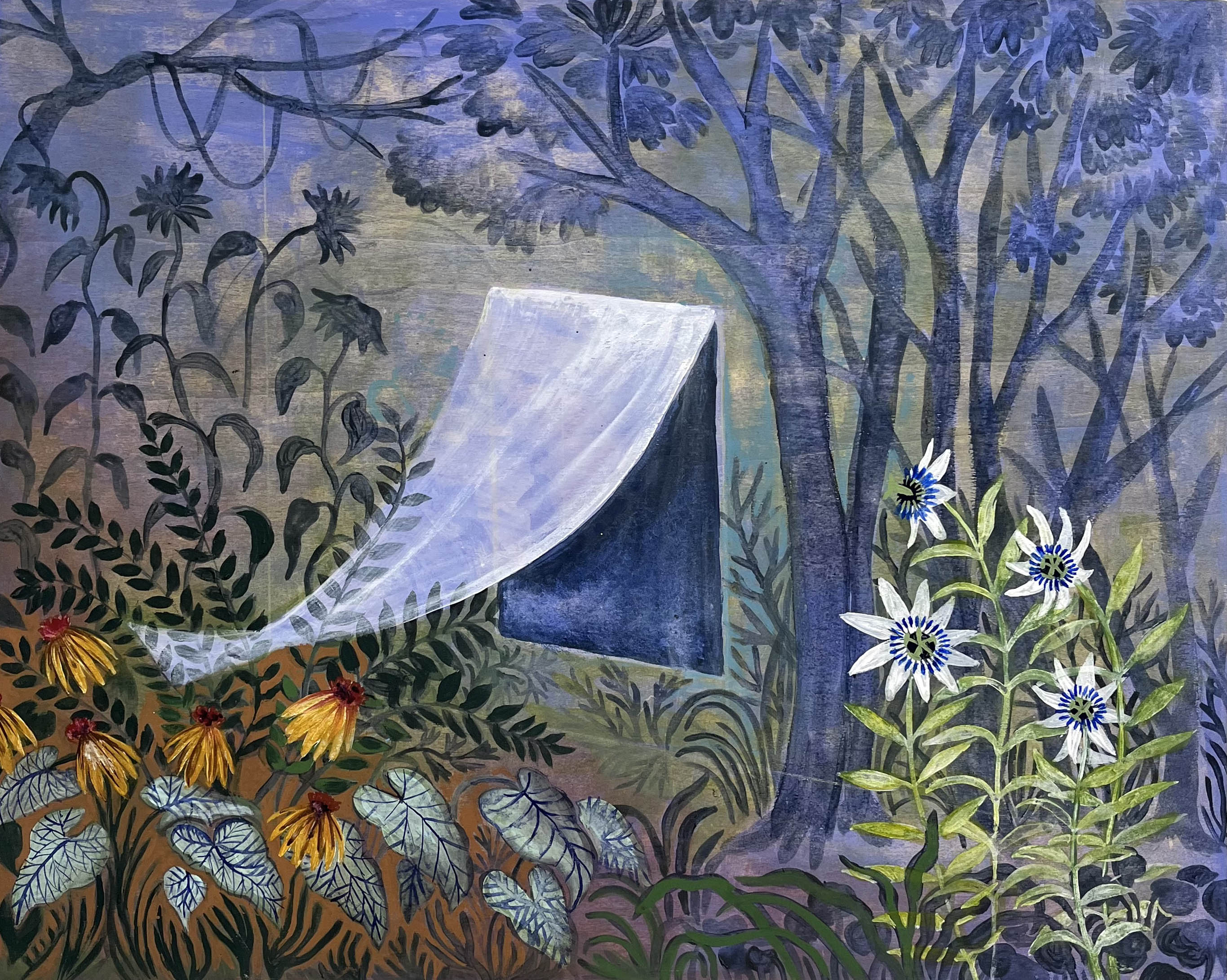 Fenêtre sur nuit bleue      
peinture sur bois
format 65 cm par 52,5 cm